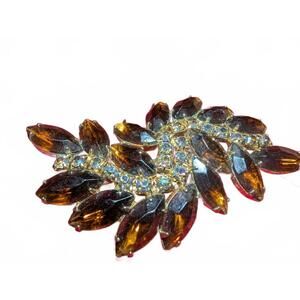 Vintage Amber and Clear Rhinestone Leaf Brooch Pin